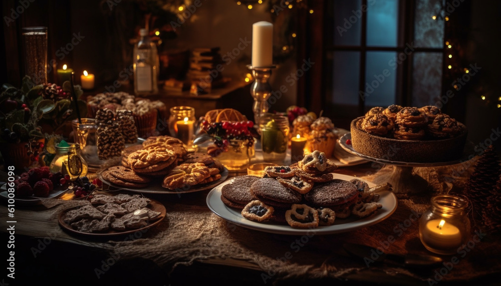 Indulgent homemade chocolate dessert with candle on rustic wood table generated by AI