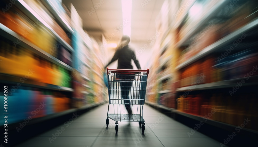 Busy shoppers push carts through supermarket aisles, choosing fresh groceries generated by AI