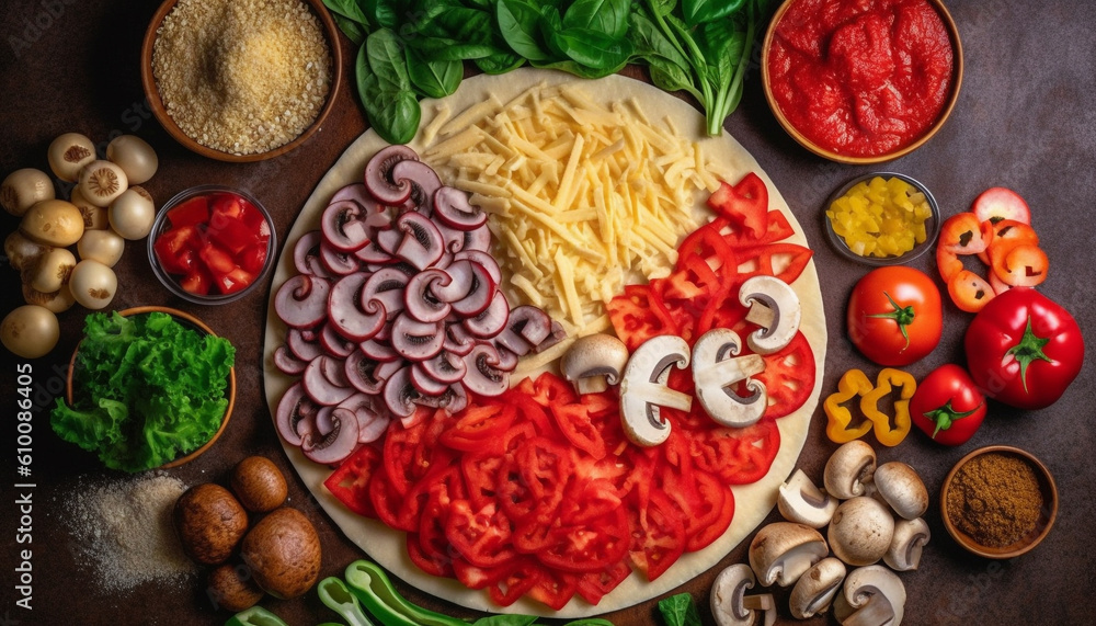 Fresh organic vegetables and grilled meat on rustic wooden table generated by AI