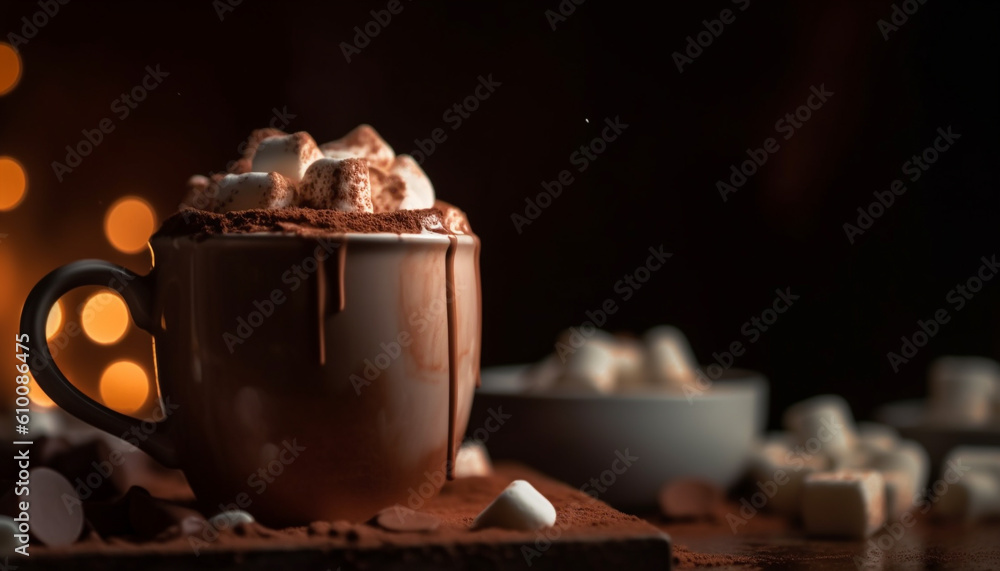 Hot chocolate with marshmallow and dark chocolate cookie on table generated by AI