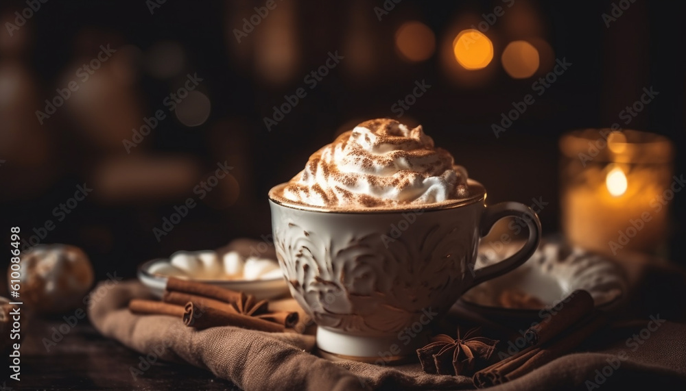 Hot chocolate with marshmallow and spice on rustic wood table generated by AI