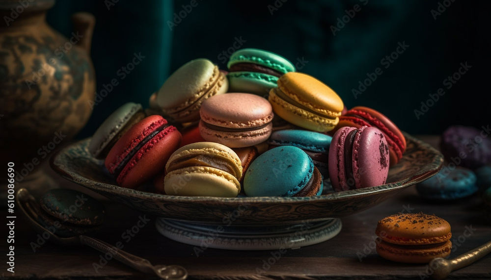 Multi colored macaroon stack, a French gourmet dessert variation with chocolate generated by AI