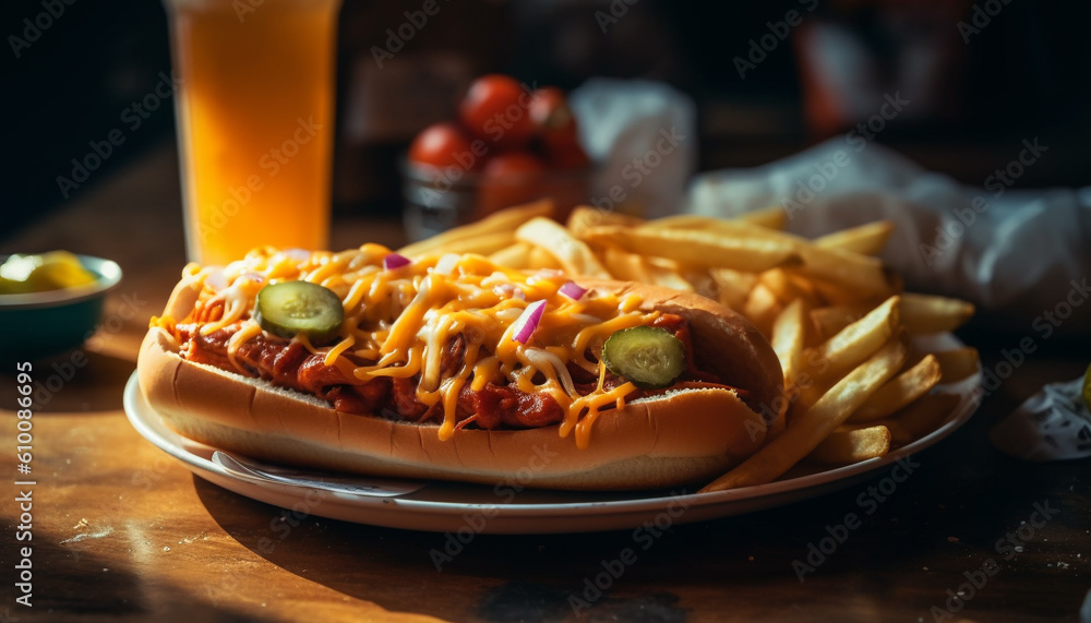 Grilled meat and fries on rustic pub table, unhealthy snack generated by AI