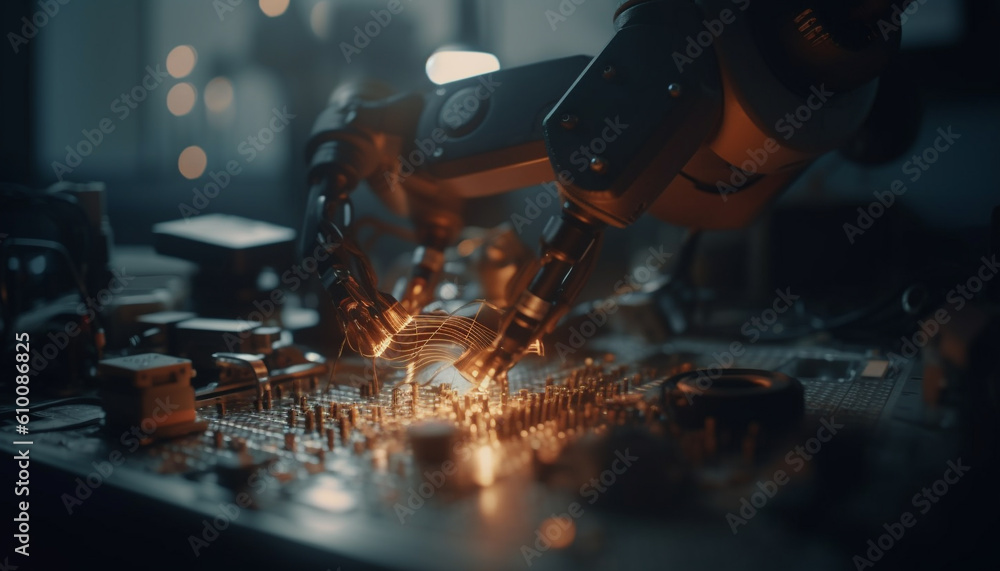 Robotic arm welding metal with precision in futuristic manufacturing workshop generated by AI