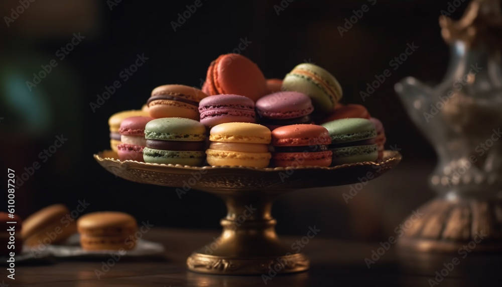 A colorful stack of French macaroons on a rustic cakestand generated by AI