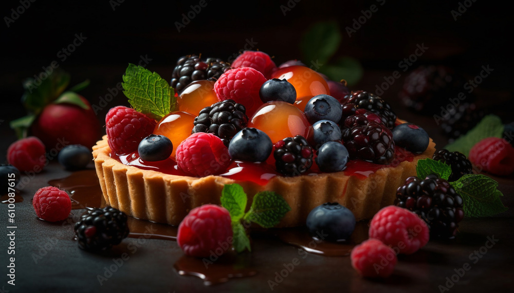 A gourmet berry dessert plate with fresh raspberry and blueberry generated by AI