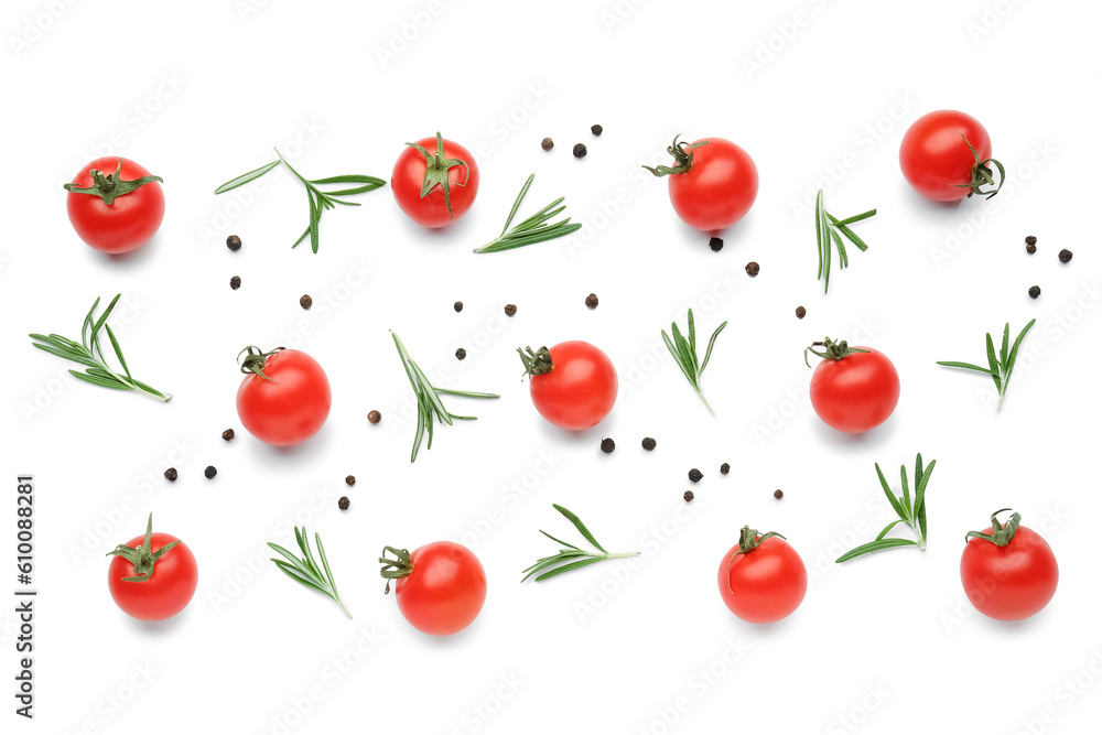 Composition with ripe cherry tomatoes and spices on white background