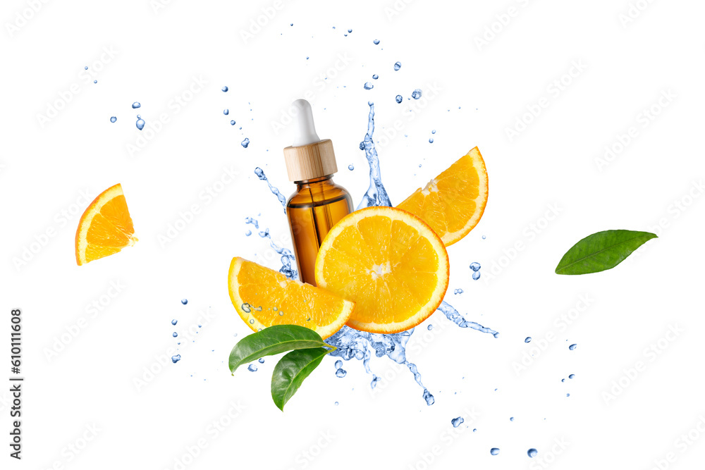 Brown bottle of face serum with vitamin C or essential oil and orange slices  flying in splashing wa