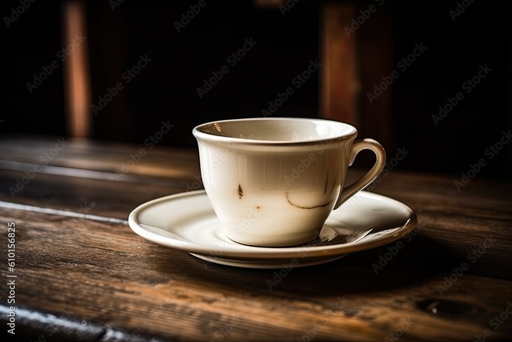 ceramic cup and saucer resting on a rustic wooden tabletop Generative AI