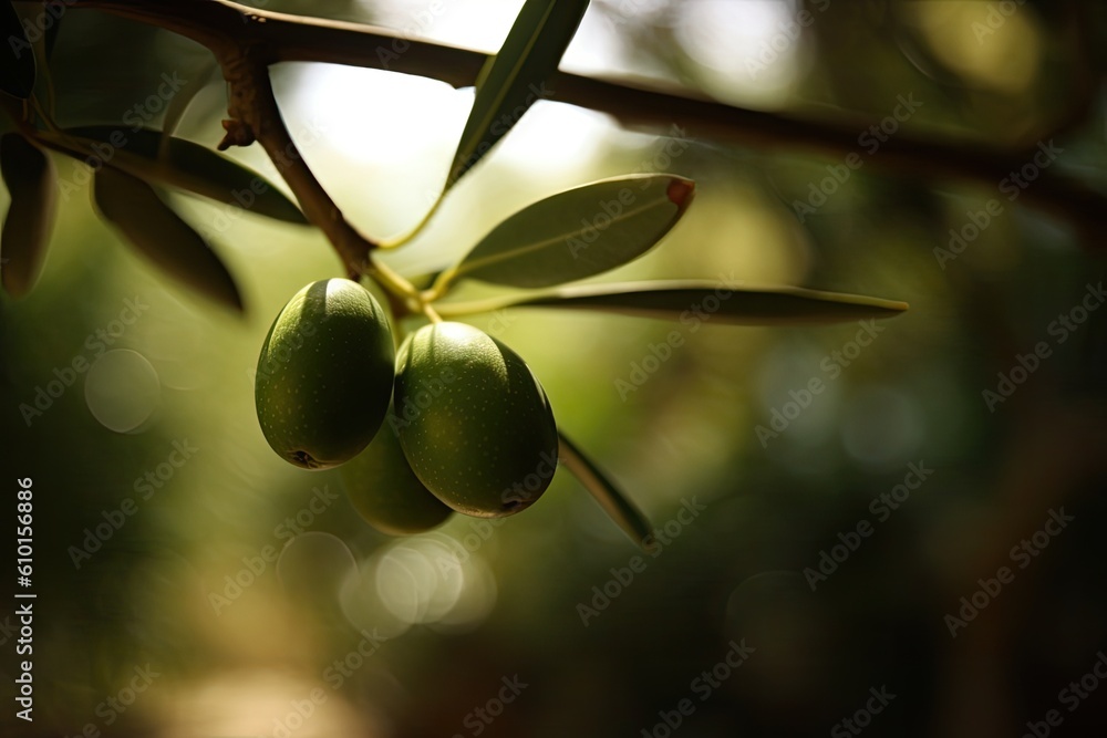 an olive tree branch with ripe olives Generative AI