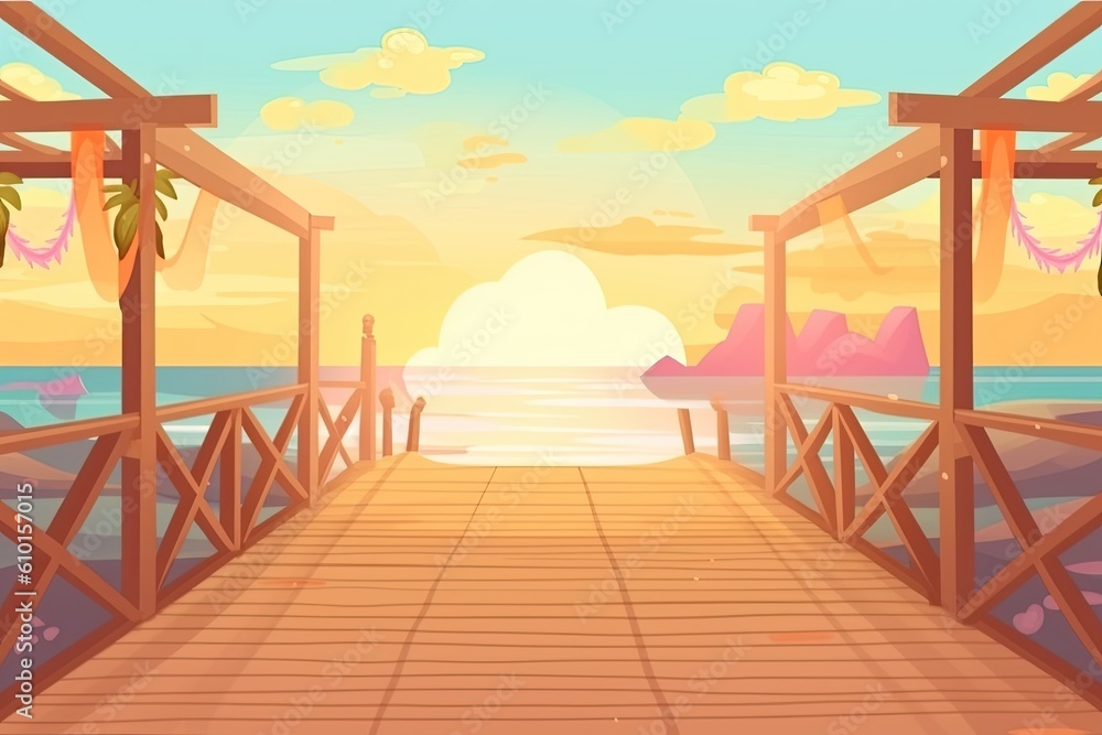 serene wooden bridge at sunset with a view of the ocean Generative AI