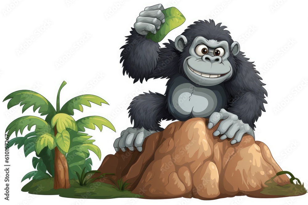 gorilla sitting on a rock in front of a lush banana tree Generative AI