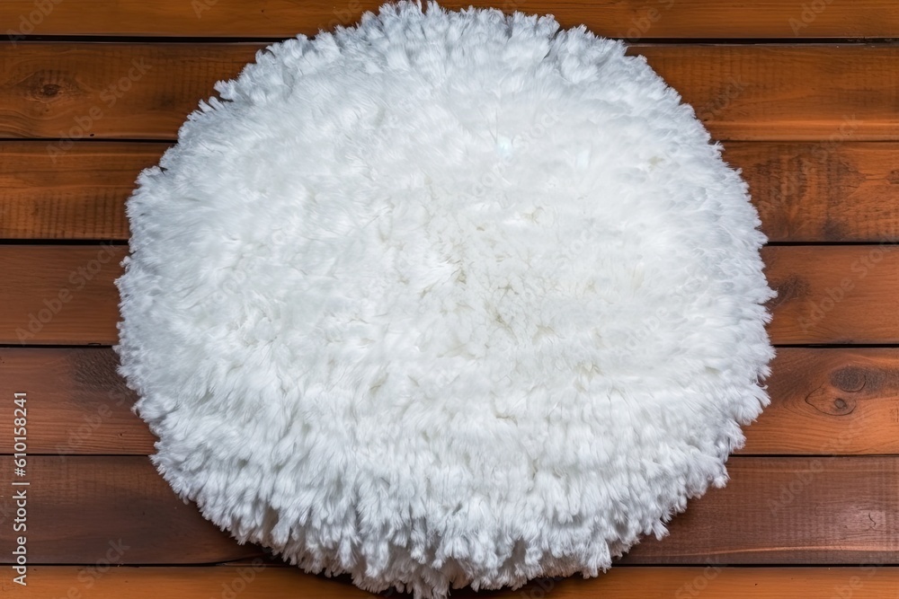 white fluffy round pillow against a wooden wall Generative AI