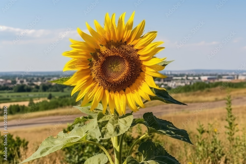 vibrant sunflower standing tall in a rural field with a bustling city skyline in the distance Genera