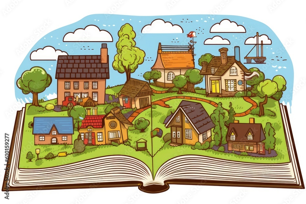 an open book with a whimsical village and nature scene on its pages Generative AI