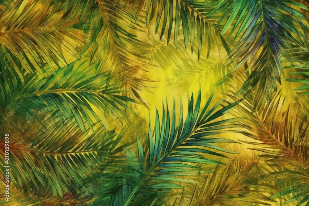 Palm leaves on a bright yellow background Generative AI