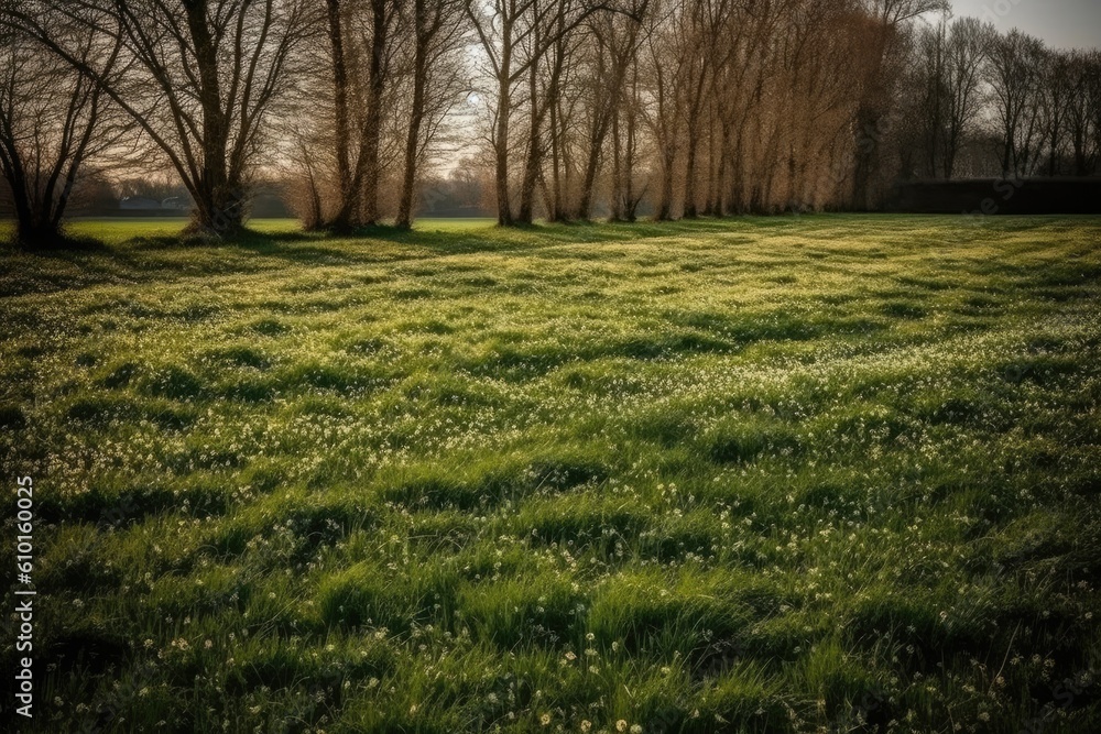 serene landscape with green meadow and trees Generative AI