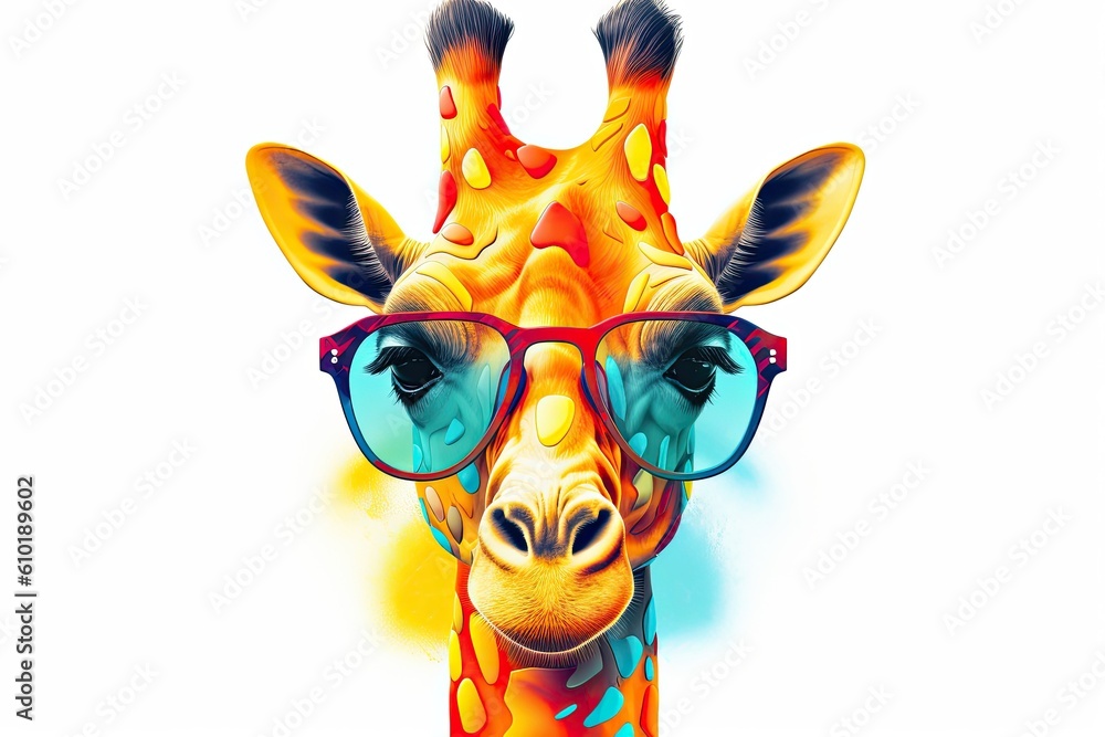 A crtoon colorful giraffe with sunglasses on white background. Colorful. Generative AI