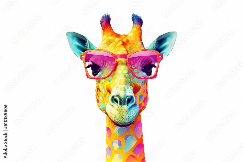 A crtoon colorful giraffe with sunglasses on white background. Colorful. Generative AI