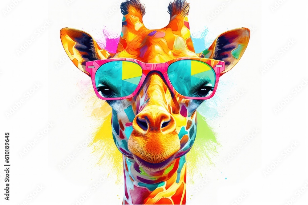 A crtoon colorful giraffe with sunglasses on white background. Colorful. Generative AI