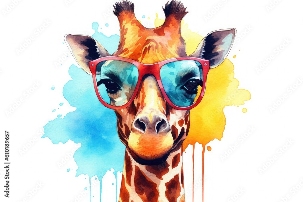 A crtoon colorful giraffe with sunglasses on white background. Colorful. Generative AI