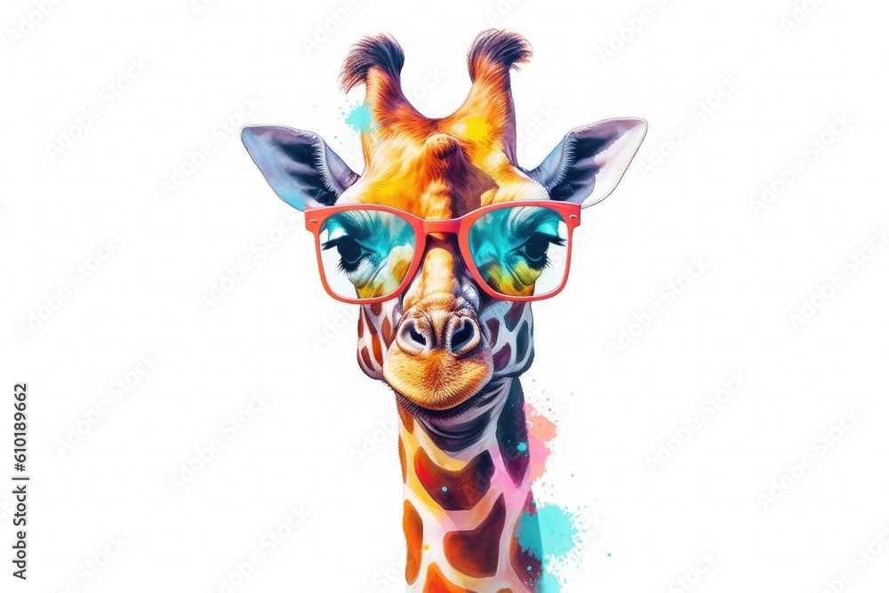 A crtoon colorful giraffe with sunglasses on white background. Colorful. Generative AI