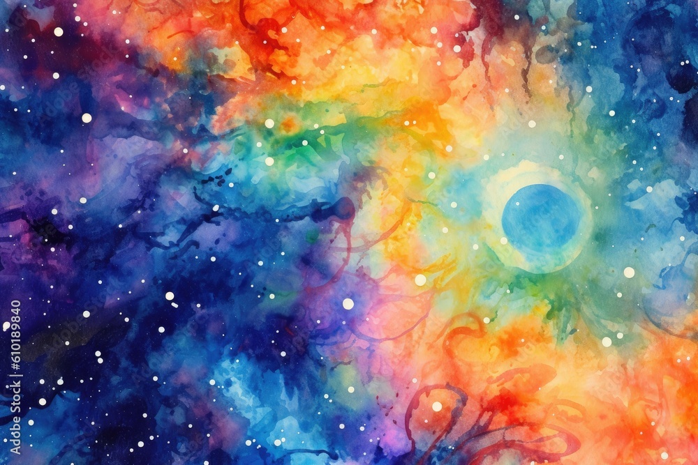 Cosmos scene of of colors. Vibrant colorful watercolor new age style abstract cosmos scene with star