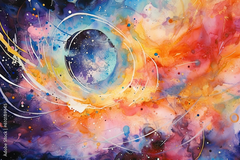 Cosmos scene of of colors. Vibrant colorful watercolor new age style abstract cosmos scene with star