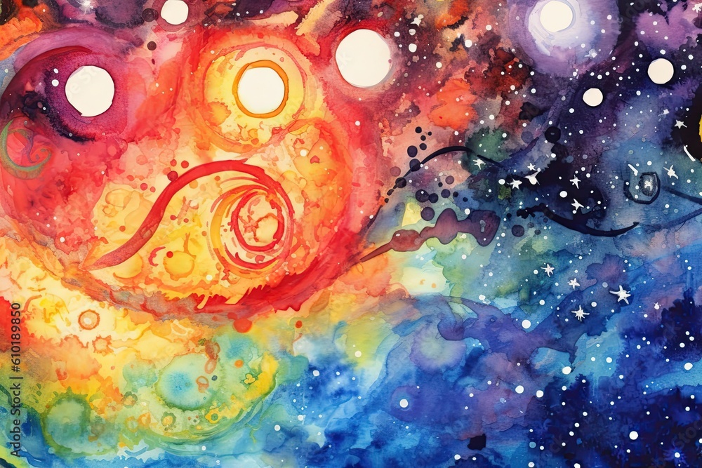 Cosmos scene of of colors. Vibrant colorful watercolor new age style abstract cosmos scene with star