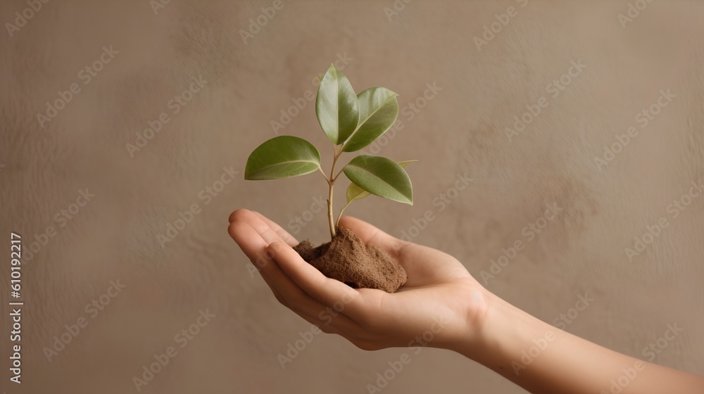 Hand gently holding a green plant. Harmonious pastel earth tones. This image resonates with themes o