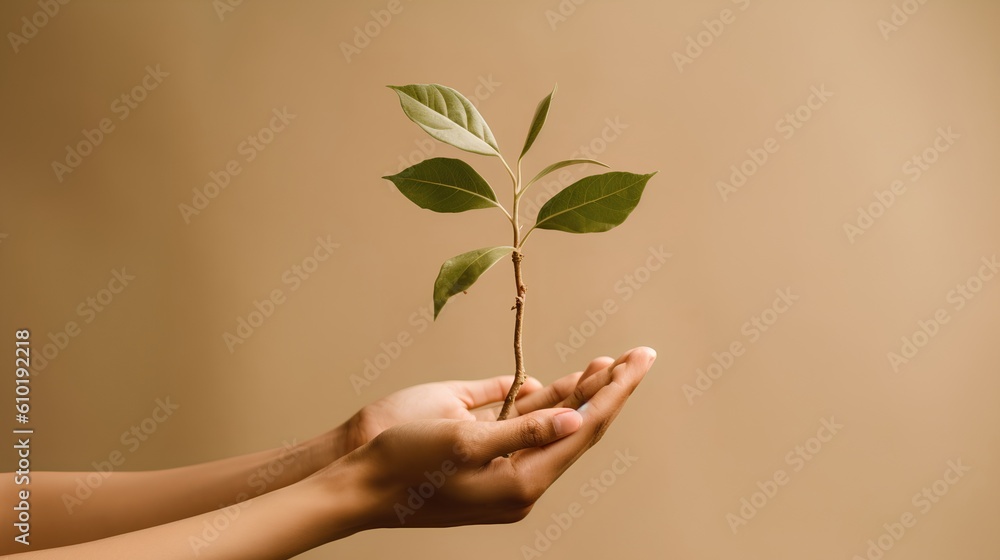 Hand gently holding a green plant. Harmonious pastel earth tones. This image resonates with themes o