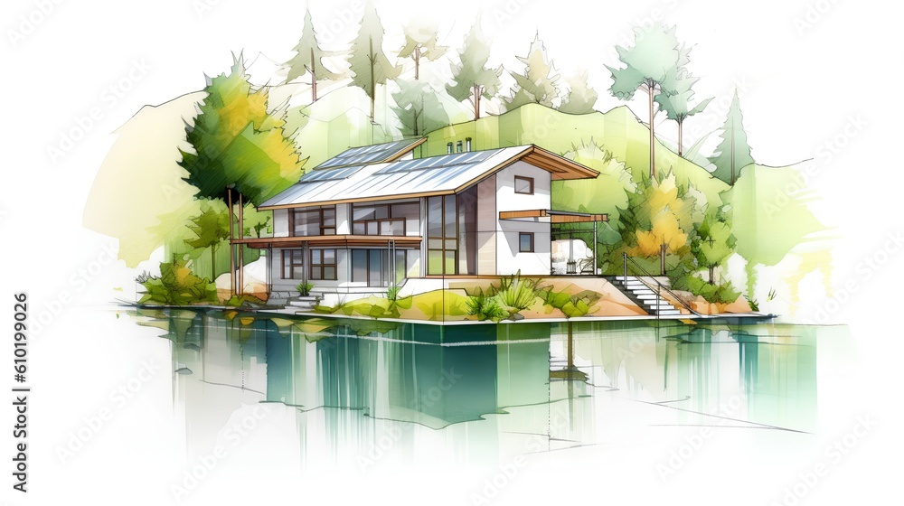 Concept of a sustainable family house project. The integration of environmental friendly elements in