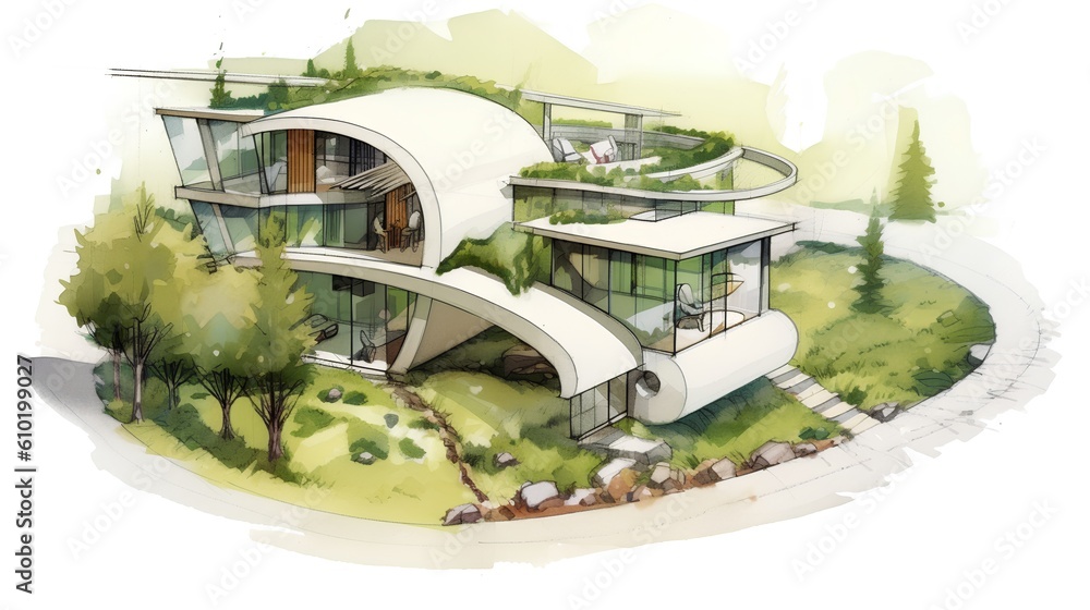 Concept of a sustainable family house project. The integration of environmental friendly elements in