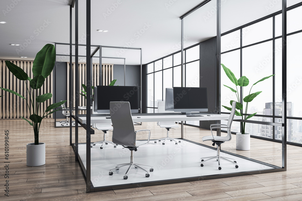 Eco open space office interior design with modern computers on white work tables on wooden floor, gr