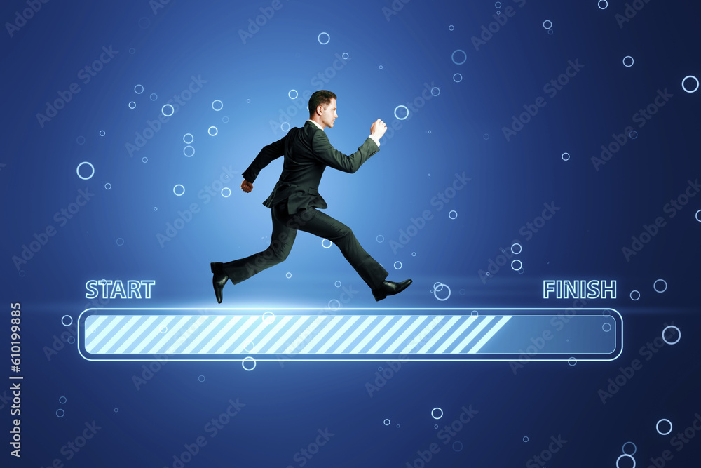 Time running out, deadline and time management concept with businessman running on loading bar with 