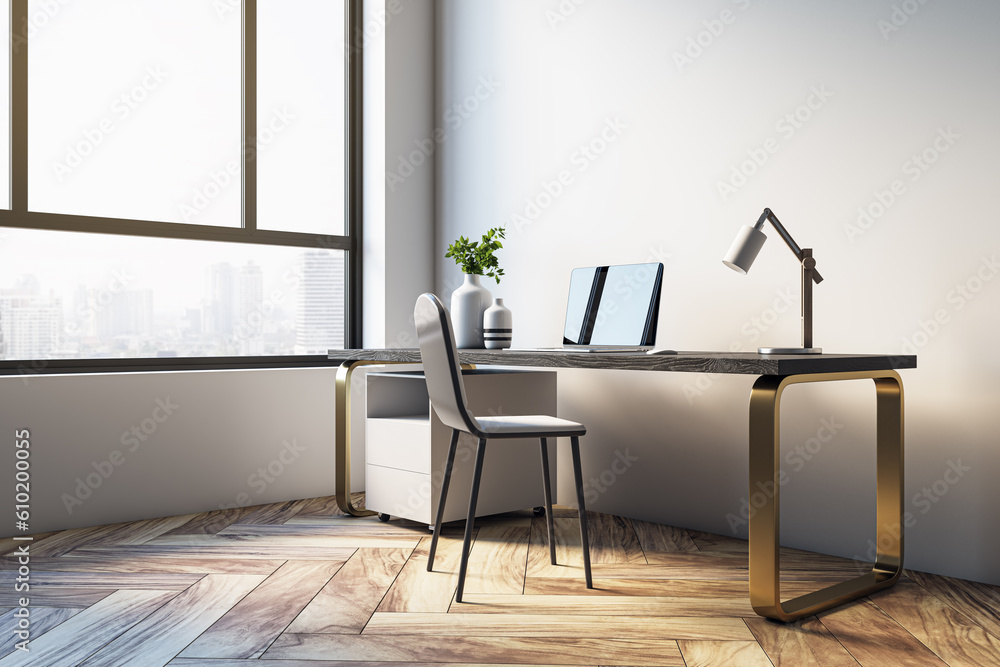 Contemporary simple office interior with furniture, equipment, decorative items and window with city