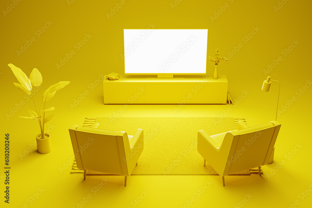 Front view on blank white tv screen with space for your logo or text in yellow colors living room wi