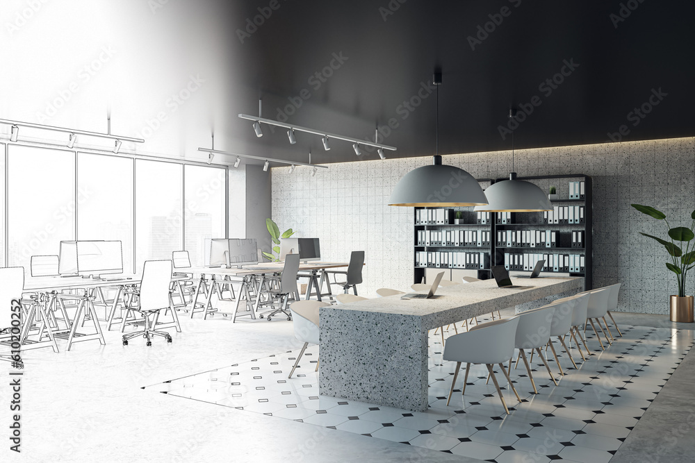 Coworking office interior design project with sketch. 3D Rendering