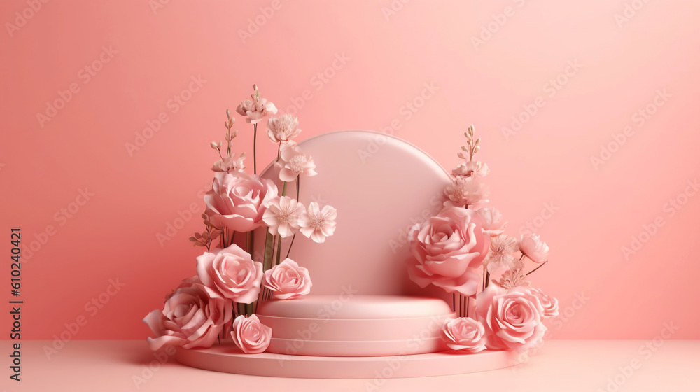 Podium with pink roses on pastel pink background to display products, gift or cosmetics. Generative 