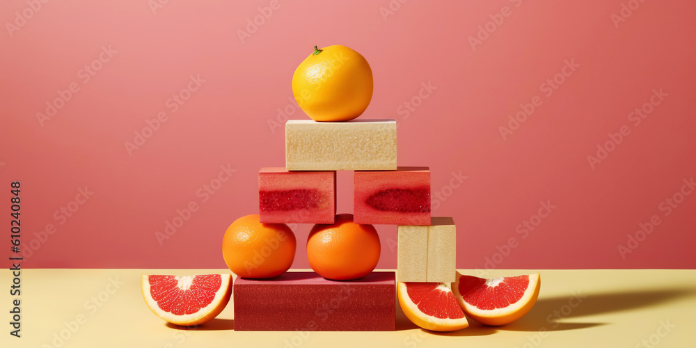 Equilibrium food balance diet concept. Balancing pyramid or tower of fruits. Generative AI