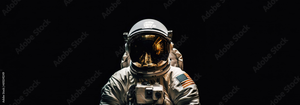 Portrait of astronaut floating in space. Front view on spacesuit technology. Generative AI