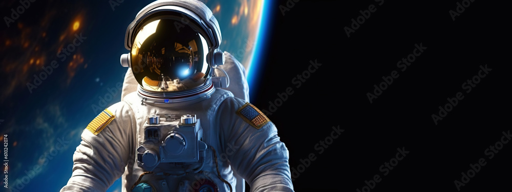 Portrait of astronaut floating in space with planet on backdrop. Generative AI