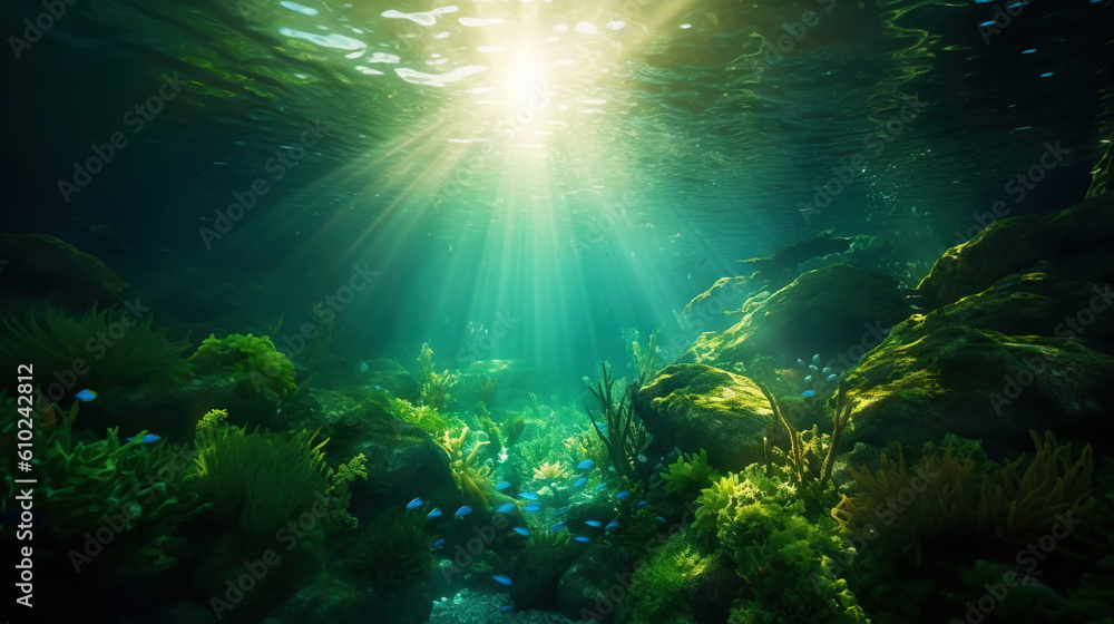 Underwater sunlight through the water surface seen from a rocky seabed with algae. Generative AI