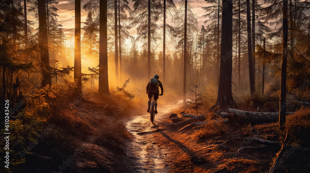 Mountain biker riding on bike in spring inspirational forest landscape. Man cycling on enduro trail 