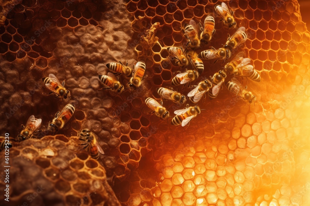 Honeybees working diligently inside their hive, meticulously crafting honeycomb cells filled with gl