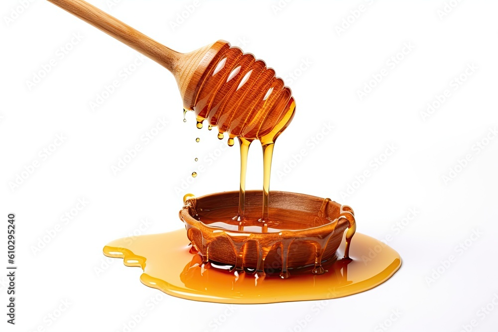 Honey dripping from wood dipper on white background. Honey. Generative ai