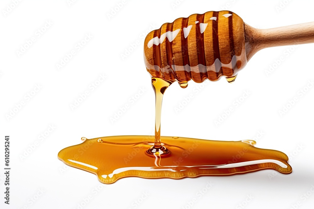 Honey dripping from wood dipper on white background. Honey. Generative ai