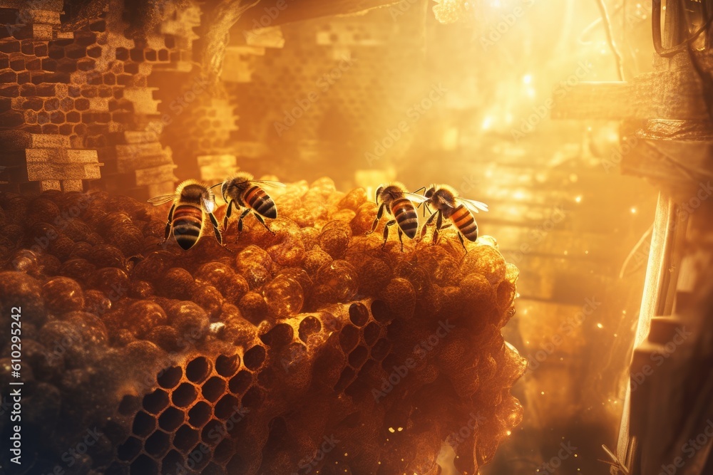 Honeybees working diligently inside their hive, meticulously crafting honeycomb cells filled with gl