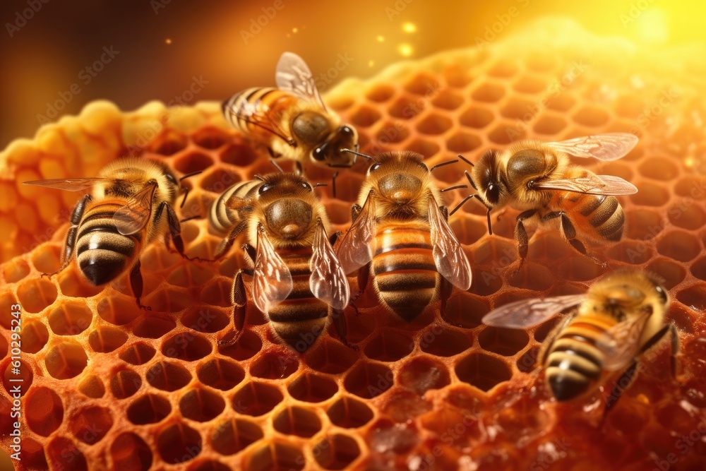 Honeybees working diligently inside their hive, meticulously crafting honeycomb cells filled with gl