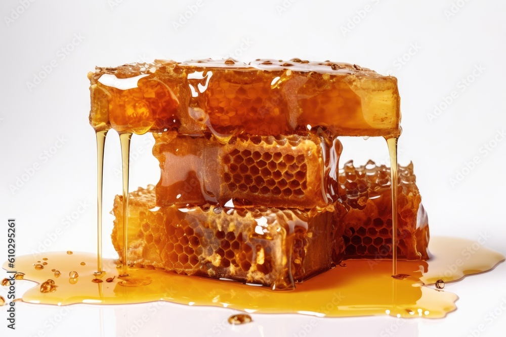 Honeycomb and honey on white background. Honey. Generative ai